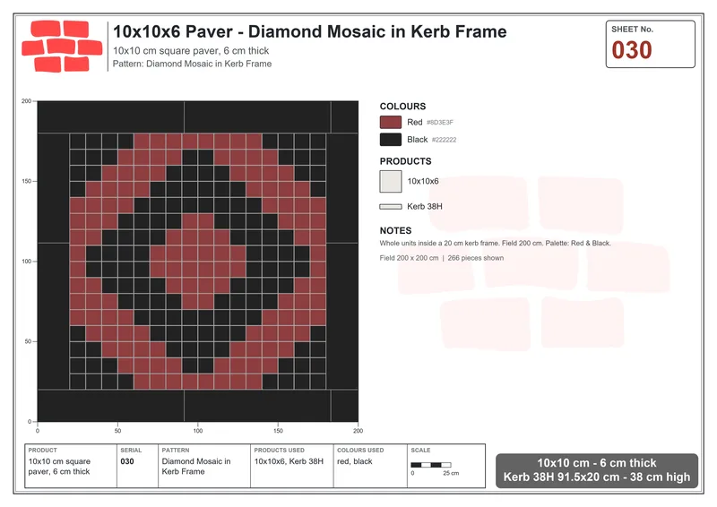 Interlock (Pasco) 10x10 cm · SQ11-30 · Diamond Mosaic in Kerb Frame · Laying plan Interlock (Pasco) 10x10 cm · SQ11-30 · Diamond Mosaic in Kerb Frame · Laying plan