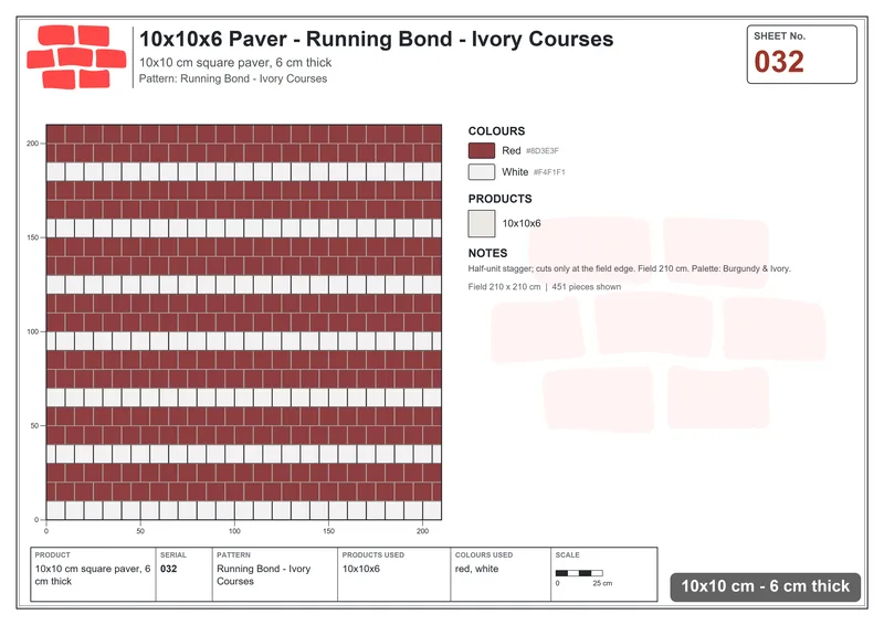 Interlock (Pasco) 10x10 cm · SQ11-32 · Running Bond - Ivory Courses · Laying plan Interlock (Pasco) 10x10 cm · SQ11-32 · Running Bond - Ivory Courses · Laying plan