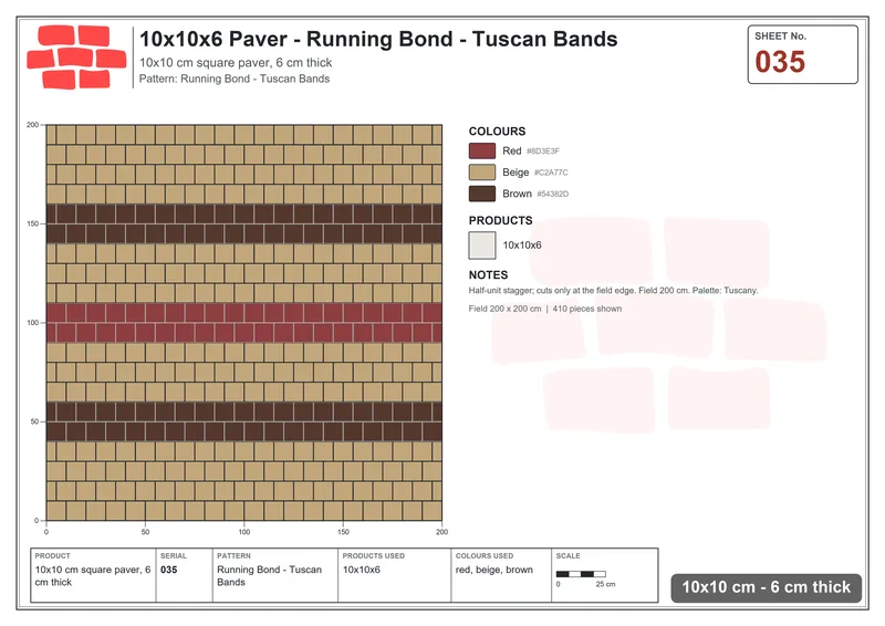 Interlock (Pasco) 10x10 cm · SQ11-35 · Running Bond - Tuscan Bands · Laying plan Interlock (Pasco) 10x10 cm · SQ11-35 · Running Bond - Tuscan Bands · Laying plan
