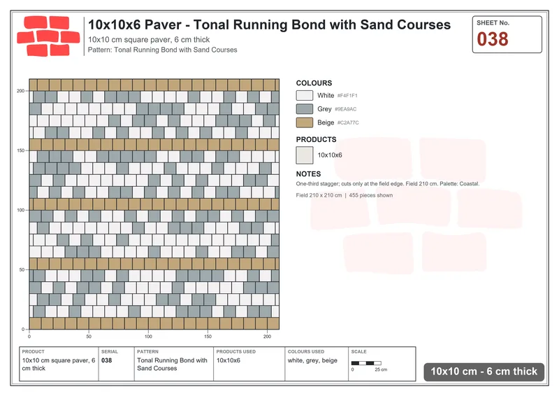 Interlock (Pasco) 10x10 cm · SQ11-38 · Tonal Running Bond with Sand Courses · Laying plan Interlock (Pasco) 10x10 cm · SQ11-38 · Tonal Running Bond with Sand Courses · Laying plan