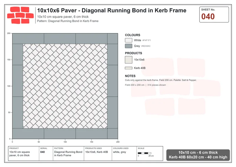 Interlock (Pasco) 10x10 cm · SQ11-40 · Diagonal Running Bond in Kerb Frame · Laying plan Interlock (Pasco) 10x10 cm · SQ11-40 · Diagonal Running Bond in Kerb Frame · Laying plan