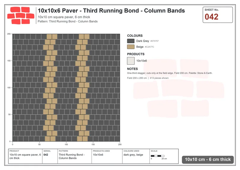 Interlock (Pasco) 10x10 cm · SQ11-42 · Third Running Bond - Column Bands · Laying plan Interlock (Pasco) 10x10 cm · SQ11-42 · Third Running Bond - Column Bands · Laying plan