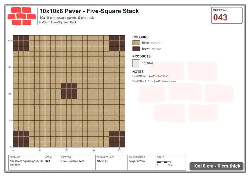 Interlock (Pasco) 10x10 cm · SQ11-43 · Five-Square Stack · Laying plan Interlock (Pasco) 10x10 cm · SQ11-43 · Five-Square Stack · Laying plan