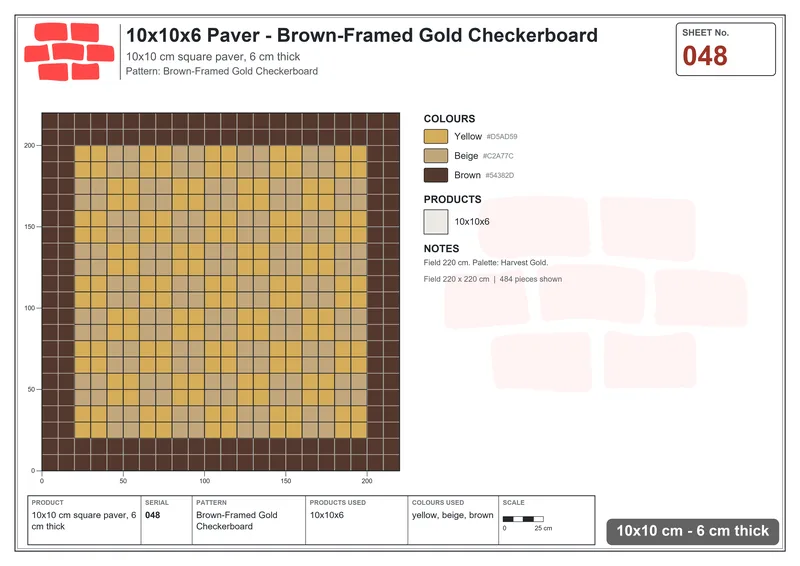 Interlock (Pasco) 10x10 cm · SQ11-48 · Brown-Framed Gold Checkerboard · Laying plan Interlock (Pasco) 10x10 cm · SQ11-48 · Brown-Framed Gold Checkerboard · Laying plan
