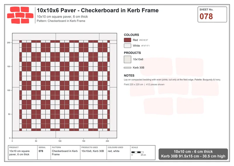 Interlock (Pasco) 10x10 cm · SQ11-78 · Checkerboard in Kerb Frame · Laying plan Interlock (Pasco) 10x10 cm · SQ11-78 · Checkerboard in Kerb Frame · Laying plan