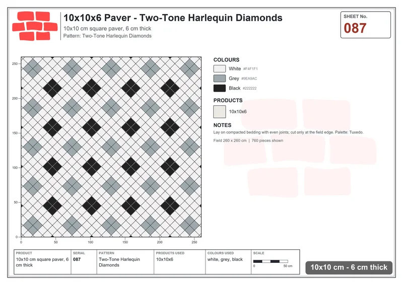 Interlock (Pasco) 10x10 cm · SQ11-87 · Two-Tone Harlequin Diamonds · Laying plan Interlock (Pasco) 10x10 cm · SQ11-87 · Two-Tone Harlequin Diamonds · Laying plan