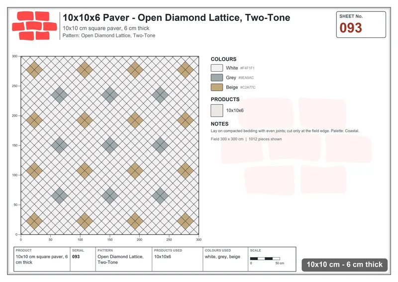 Interlock (Pasco) 10x10 cm · SQ11-93 · Open Diamond Lattice, Two-Tone · Laying plan Interlock (Pasco) 10x10 cm · SQ11-93 · Open Diamond Lattice, Two-Tone · Laying plan