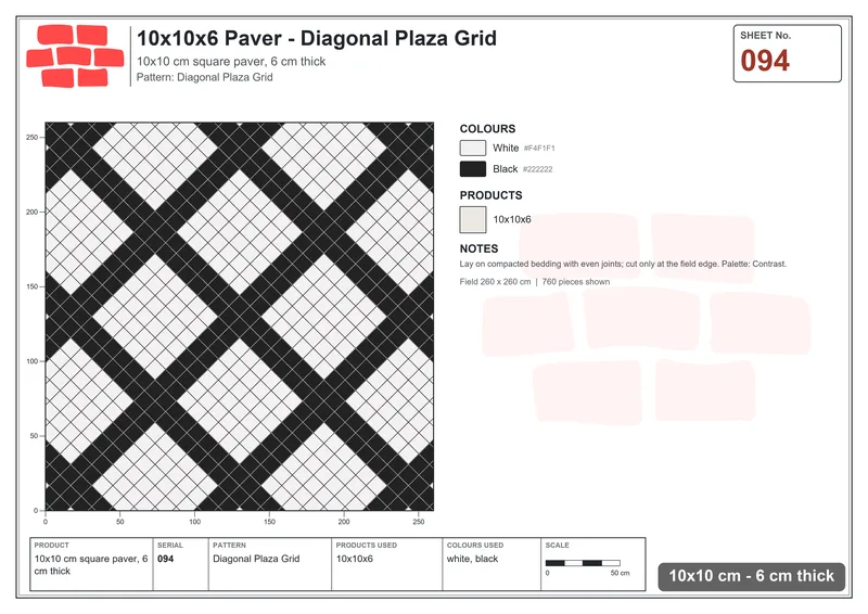 Interlock (Pasco) 10x10 cm · SQ11-94 · Diagonal Plaza Grid · Laying plan Interlock (Pasco) 10x10 cm · SQ11-94 · Diagonal Plaza Grid · Laying plan