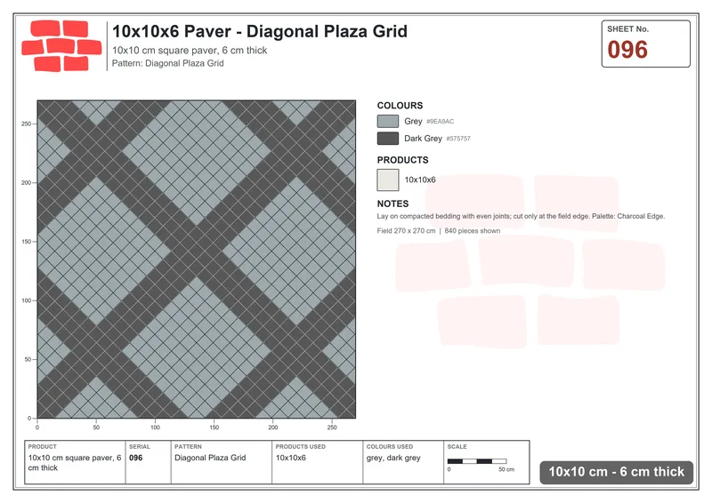 Interlock (Pasco) 10x10 cm · SQ11-96 · Diagonal Plaza Grid · Laying plan Interlock (Pasco) 10x10 cm · SQ11-96 · Diagonal Plaza Grid · Laying plan
