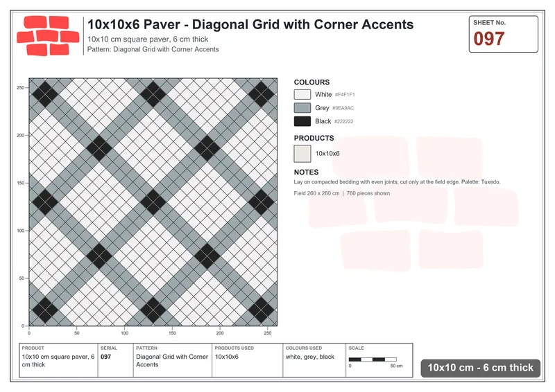Interlock (Pasco) 10x10 cm · SQ11-97 · Diagonal Grid with Corner Accents · Laying plan Interlock (Pasco) 10x10 cm · SQ11-97 · Diagonal Grid with Corner Accents · Laying plan