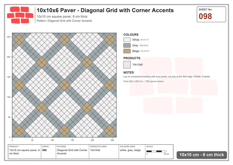 Interlock (Pasco) 10x10 cm · SQ11-98 · Diagonal Grid with Corner Accents · Laying plan Interlock (Pasco) 10x10 cm · SQ11-98 · Diagonal Grid with Corner Accents · Laying plan
