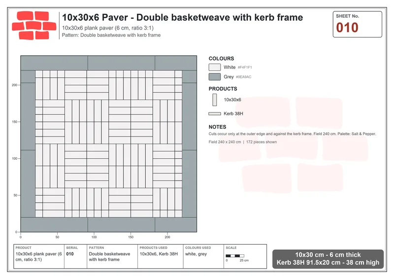 Interlock (Pasco) 10x30 cm · RC13-10 · Double basketweave with kerb frame · Laying plan Interlock (Pasco) 10x30 cm · RC13-10 · Double basketweave with kerb frame · Laying plan