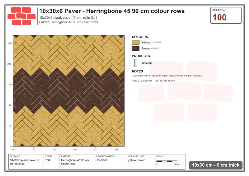 Interlock (Pasco) 10x30 cm · RC13-100 · Herringbone 45 90 cm colour rows · Laying plan Interlock (Pasco) 10x30 cm · RC13-100 · Herringbone 45 90 cm colour rows · Laying plan