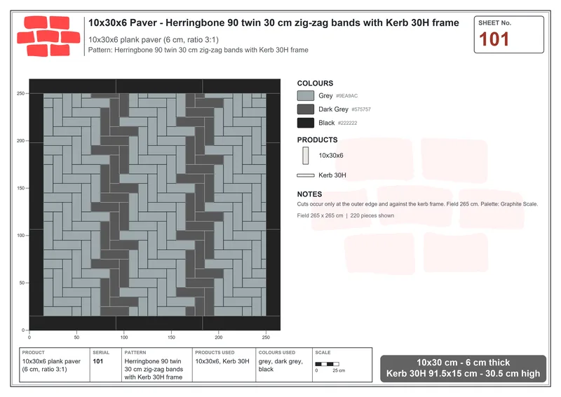 Interlock (Pasco) 10x30 cm · RC13-101 · Herringbone 90 twin 30 cm zig-zag bands with Kerb 30H frame · Laying plan Interlock (Pasco) 10x30 cm · RC13-101 · Herringbone 90 twin 30 cm zig-zag bands with Kerb 30H frame · Laying plan