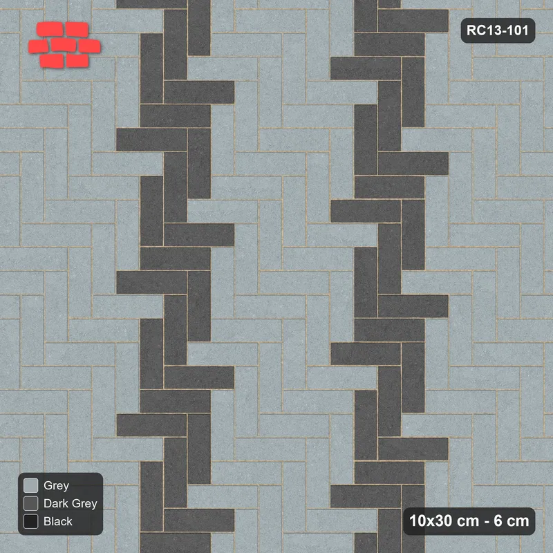 Interlock (Pasco) 10x30 cm · RC13-101 · Herringbone 90 twin 30 cm zig-zag bands with Kerb 30H frame · Top view