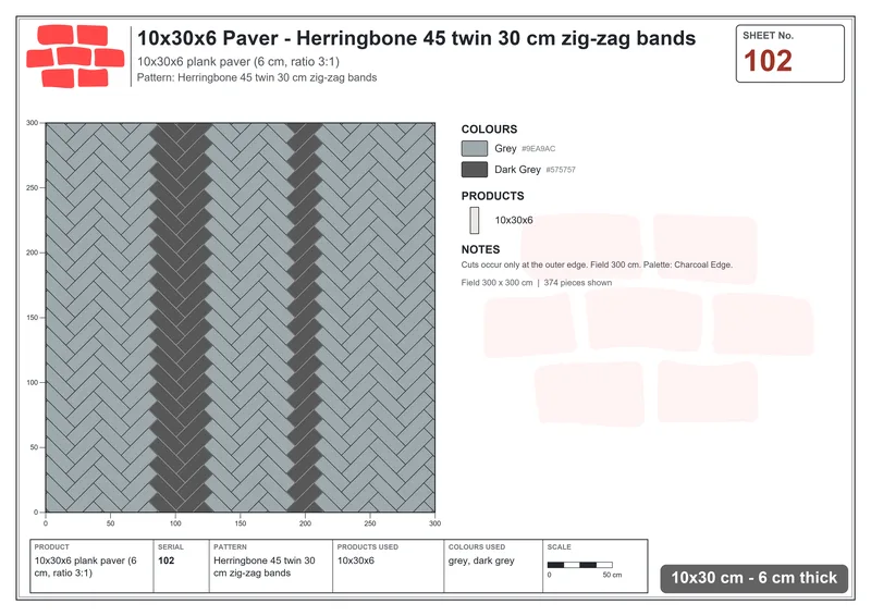 Interlock (Pasco) 10x30 cm · RC13-102 · Herringbone 45 twin 30 cm zig-zag bands · Laying plan Interlock (Pasco) 10x30 cm · RC13-102 · Herringbone 45 twin 30 cm zig-zag bands · Laying plan