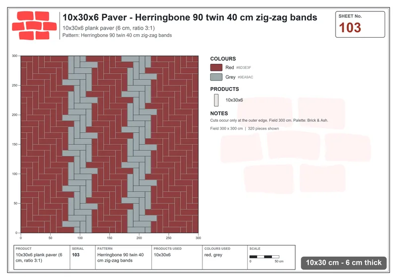 Interlock (Pasco) 10x30 cm · RC13-103 · Herringbone 90 twin 40 cm zig-zag bands · Laying plan Interlock (Pasco) 10x30 cm · RC13-103 · Herringbone 90 twin 40 cm zig-zag bands · Laying plan