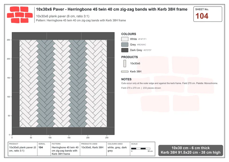Interlock (Pasco) 10x30 cm · RC13-104 · Herringbone 45 twin 40 cm zig-zag bands with Kerb 38H frame · Laying plan Interlock (Pasco) 10x30 cm · RC13-104 · Herringbone 45 twin 40 cm zig-zag bands with Kerb 38H frame · Laying plan
