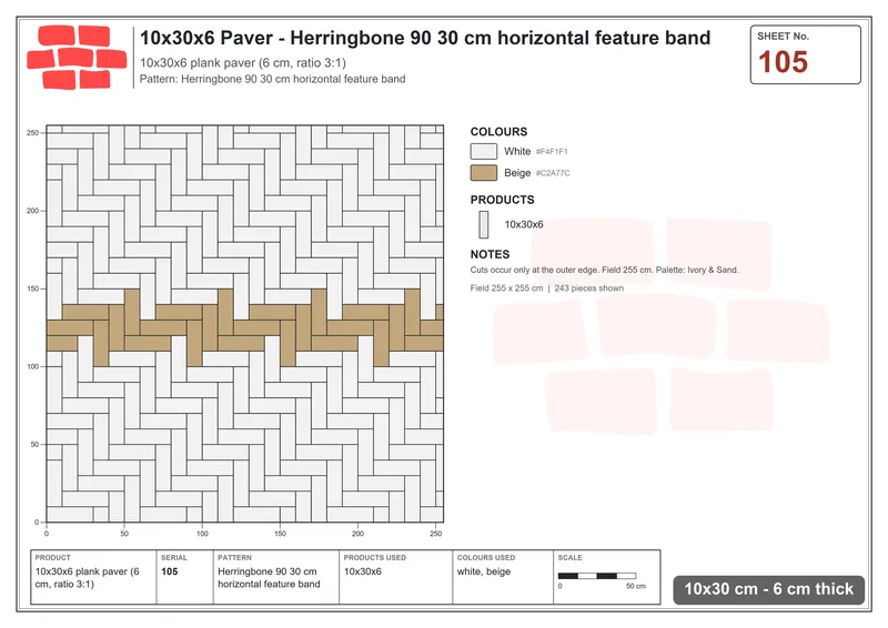 Interlock (Pasco) 10x30 cm · RC13-105 · Herringbone 90 30 cm horizontal feature band · Laying plan Interlock (Pasco) 10x30 cm · RC13-105 · Herringbone 90 30 cm horizontal feature band · Laying plan