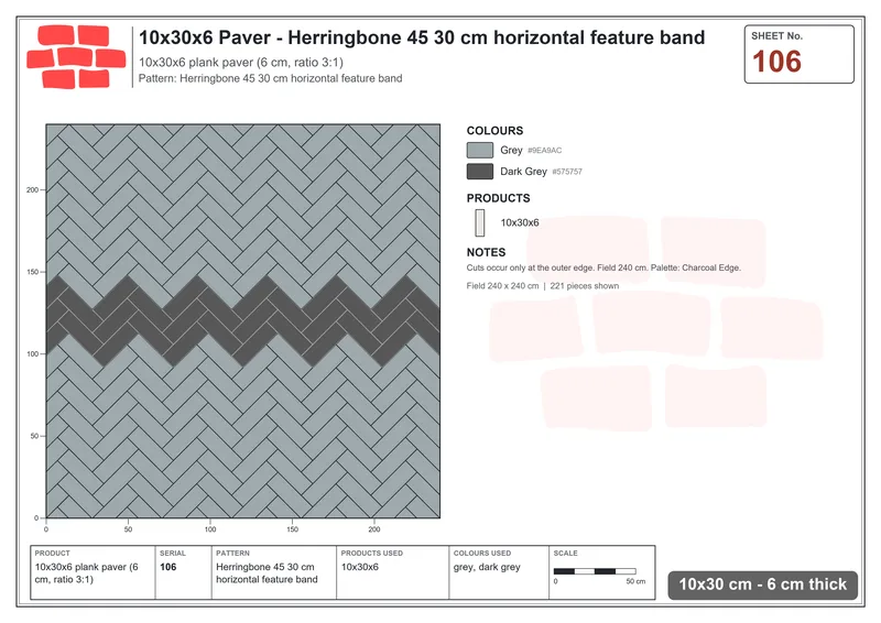 Interlock (Pasco) 10x30 cm · RC13-106 · Herringbone 45 30 cm horizontal feature band · Laying plan Interlock (Pasco) 10x30 cm · RC13-106 · Herringbone 45 30 cm horizontal feature band · Laying plan