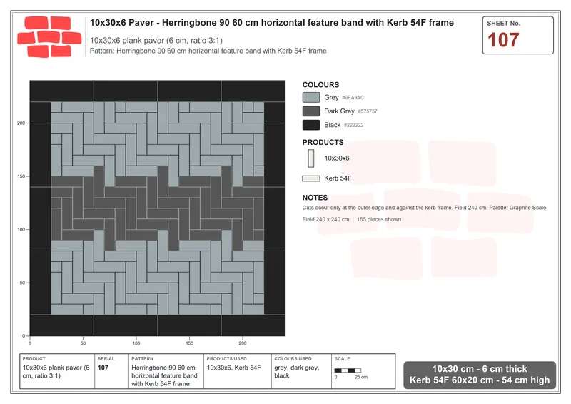 Interlock (Pasco) 10x30 cm · RC13-107 · Herringbone 90 60 cm horizontal feature band with Kerb 54F frame · Laying plan Interlock (Pasco) 10x30 cm · RC13-107 · Herringbone 90 60 cm horizontal feature band with Kerb 54F frame · Laying plan