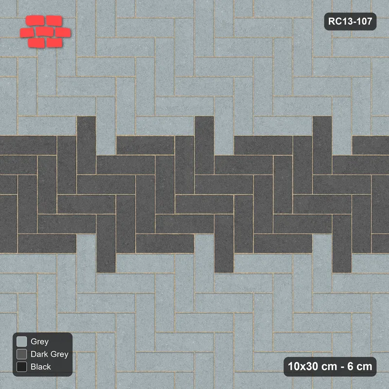 Interlock (Pasco) 10x30 cm · RC13-107 · Herringbone 90 60 cm horizontal feature band with Kerb 54F frame · Top view