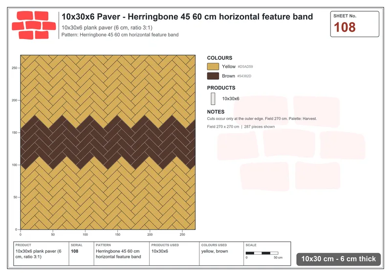 Interlock (Pasco) 10x30 cm · RC13-108 · Herringbone 45 60 cm horizontal feature band · Laying plan Interlock (Pasco) 10x30 cm · RC13-108 · Herringbone 45 60 cm horizontal feature band · Laying plan