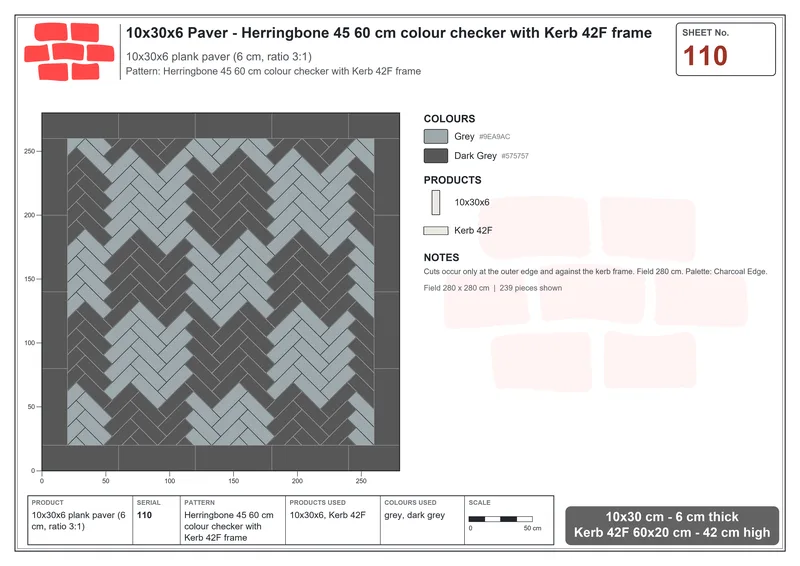 Interlock (Pasco) 10x30 cm · RC13-110 · Herringbone 45 60 cm colour checker with Kerb 42F frame · Laying plan Interlock (Pasco) 10x30 cm · RC13-110 · Herringbone 45 60 cm colour checker with Kerb 42F frame · Laying plan