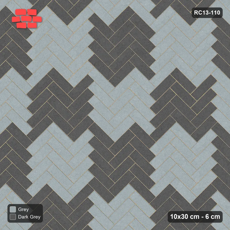 Interlock (Pasco) 10x30 cm · RC13-110 · Herringbone 45 60 cm colour checker with Kerb 42F frame · Top view