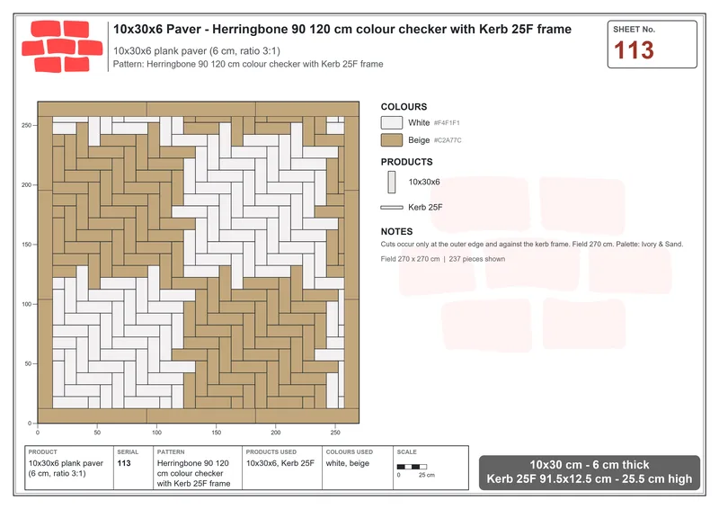 Interlock (Pasco) 10x30 cm · RC13-113 · Herringbone 90 120 cm colour checker with Kerb 25F frame · Laying plan Interlock (Pasco) 10x30 cm · RC13-113 · Herringbone 90 120 cm colour checker with Kerb 25F frame · Laying plan
