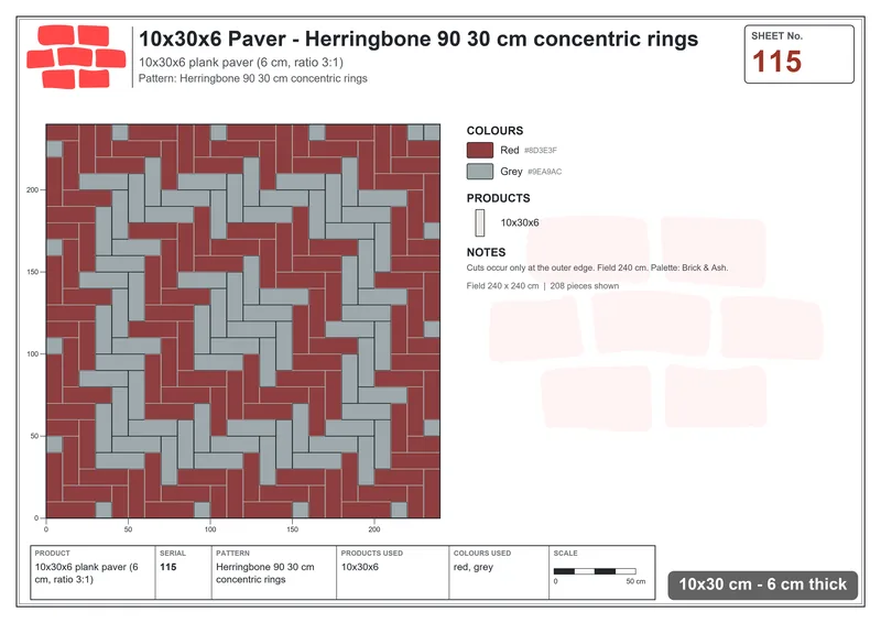 Interlock (Pasco) 10x30 cm · RC13-115 · Herringbone 90 30 cm concentric rings · Laying plan Interlock (Pasco) 10x30 cm · RC13-115 · Herringbone 90 30 cm concentric rings · Laying plan