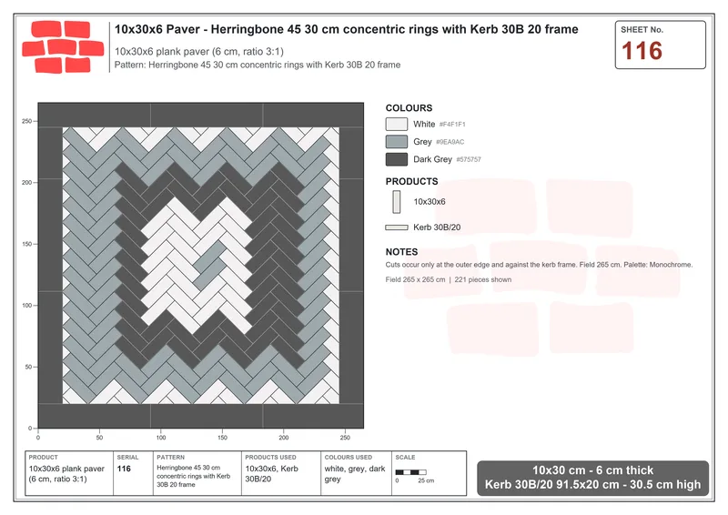 Interlock (Pasco) 10x30 cm · RC13-116 · Herringbone 45 30 cm concentric rings with Kerb 30B 20 frame · Laying plan Interlock (Pasco) 10x30 cm · RC13-116 · Herringbone 45 30 cm concentric rings with Kerb 30B 20 frame · Laying plan