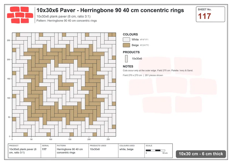 Interlock (Pasco) 10x30 cm · RC13-117 · Herringbone 90 40 cm concentric rings · Laying plan Interlock (Pasco) 10x30 cm · RC13-117 · Herringbone 90 40 cm concentric rings · Laying plan