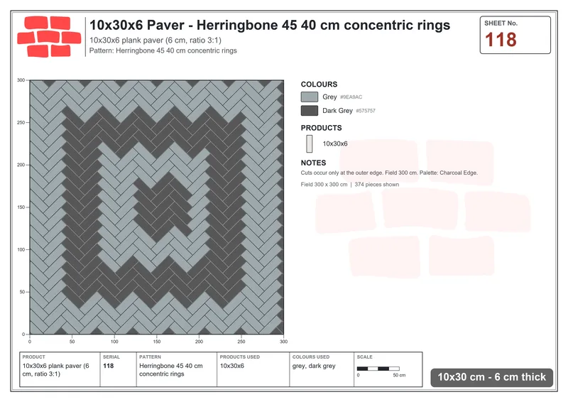 Interlock (Pasco) 10x30 cm · RC13-118 · Herringbone 45 40 cm concentric rings · Laying plan Interlock (Pasco) 10x30 cm · RC13-118 · Herringbone 45 40 cm concentric rings · Laying plan