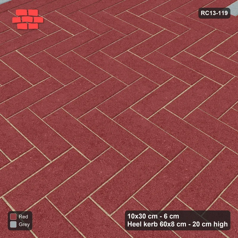Interlock (Pasco) 10x30 cm · RC13-119 · Herringbone 90 20 cm accent border with Heel kerb 80x200x600 frame · Side view