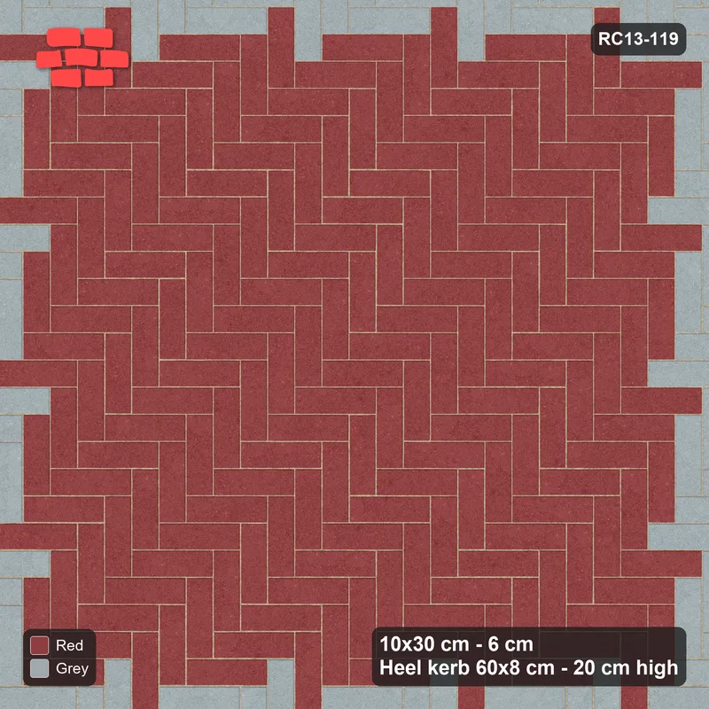 Interlock (Pasco) 10x30 cm · RC13-119 · Herringbone 90 20 cm accent border with Heel kerb 80x200x600 frame · Top view
