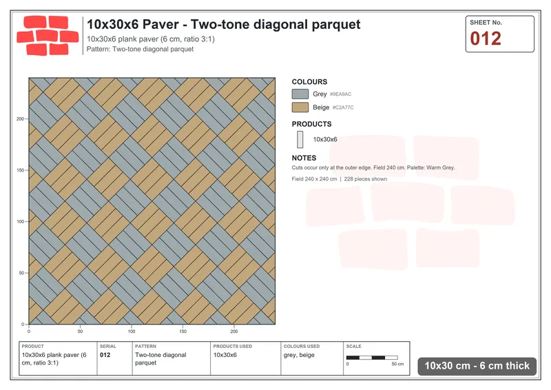 Interlock (Pasco) 10x30 cm · RC13-12 · Two-tone diagonal parquet · Laying plan Interlock (Pasco) 10x30 cm · RC13-12 · Two-tone diagonal parquet · Laying plan