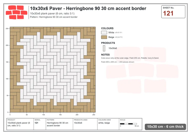 Interlock (Pasco) 10x30 cm · RC13-121 · Herringbone 90 30 cm accent border · Laying plan Interlock (Pasco) 10x30 cm · RC13-121 · Herringbone 90 30 cm accent border · Laying plan