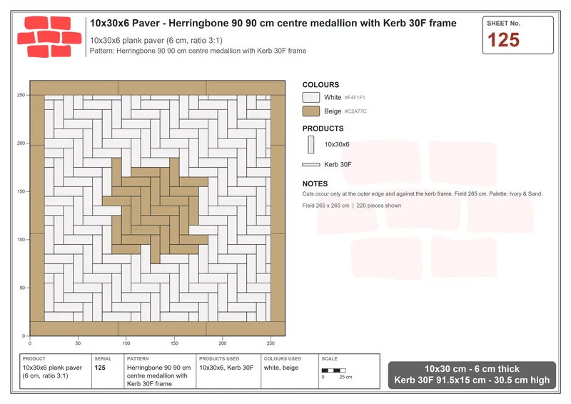 Interlock (Pasco) 10x30 cm · RC13-125 · Herringbone 90 90 cm centre medallion with Kerb 30F frame · Laying plan Interlock (Pasco) 10x30 cm · RC13-125 · Herringbone 90 90 cm centre medallion with Kerb 30F frame · Laying plan