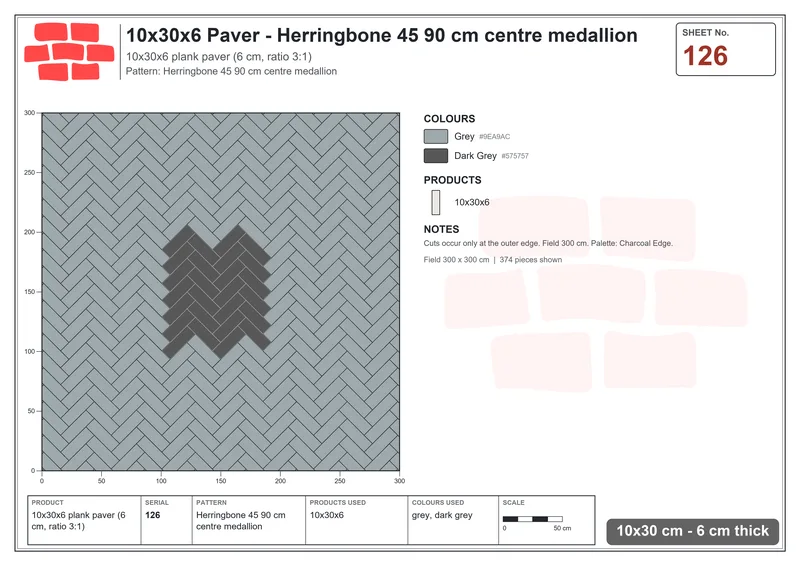 Interlock (Pasco) 10x30 cm · RC13-126 · Herringbone 45 90 cm centre medallion · Laying plan Interlock (Pasco) 10x30 cm · RC13-126 · Herringbone 45 90 cm centre medallion · Laying plan