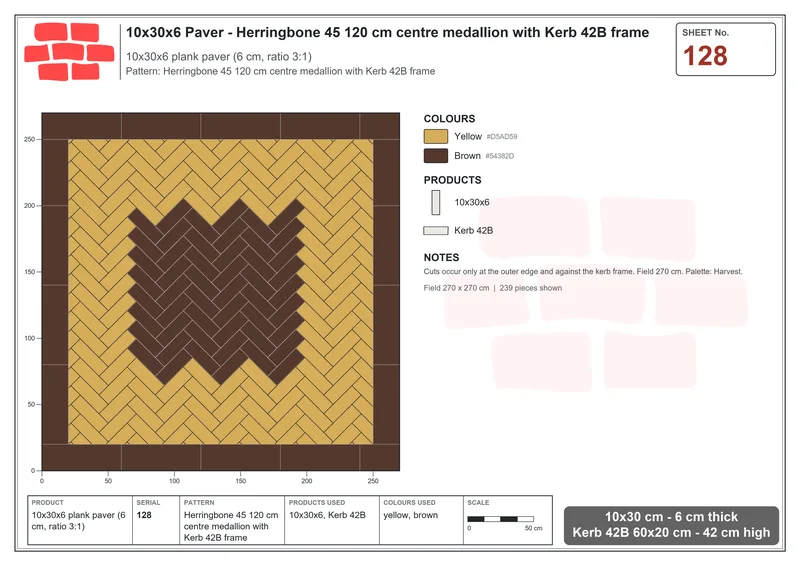 Interlock (Pasco) 10x30 cm · RC13-128 · Herringbone 45 120 cm centre medallion with Kerb 42B frame · Laying plan Interlock (Pasco) 10x30 cm · RC13-128 · Herringbone 45 120 cm centre medallion with Kerb 42B frame · Laying plan