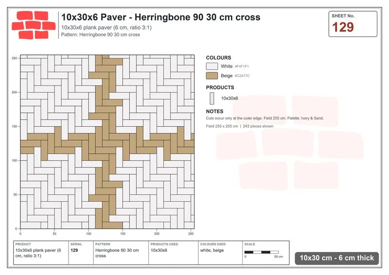 Interlock (Pasco) 10x30 cm · RC13-129 · Herringbone 90 30 cm cross · Laying plan Interlock (Pasco) 10x30 cm · RC13-129 · Herringbone 90 30 cm cross · Laying plan