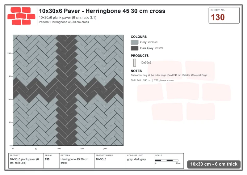 Interlock (Pasco) 10x30 cm · RC13-130 · Herringbone 45 30 cm cross · Laying plan Interlock (Pasco) 10x30 cm · RC13-130 · Herringbone 45 30 cm cross · Laying plan