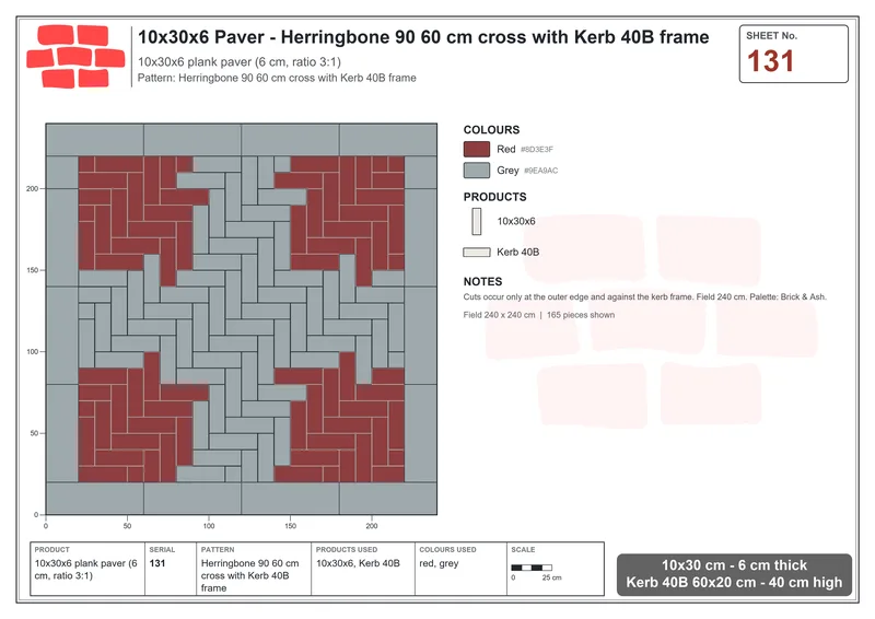 Interlock (Pasco) 10x30 cm · RC13-131 · Herringbone 90 60 cm cross with Kerb 40B frame · Laying plan Interlock (Pasco) 10x30 cm · RC13-131 · Herringbone 90 60 cm cross with Kerb 40B frame · Laying plan