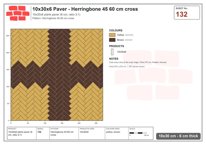 Interlock (Pasco) 10x30 cm · RC13-132 · Herringbone 45 60 cm cross · Laying plan Interlock (Pasco) 10x30 cm · RC13-132 · Herringbone 45 60 cm cross · Laying plan