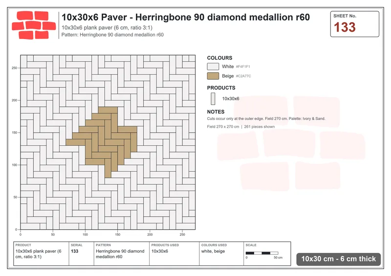 Interlock (Pasco) 10x30 cm · RC13-133 · Herringbone 90 diamond medallion r60 · Laying plan Interlock (Pasco) 10x30 cm · RC13-133 · Herringbone 90 diamond medallion r60 · Laying plan