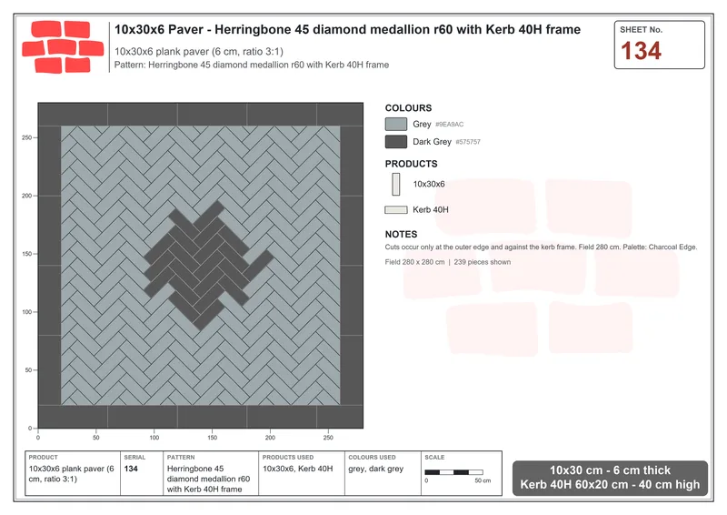 Interlock (Pasco) 10x30 cm · RC13-134 · Herringbone 45 diamond medallion r60 with Kerb 40H frame · Laying plan Interlock (Pasco) 10x30 cm · RC13-134 · Herringbone 45 diamond medallion r60 with Kerb 40H frame · Laying plan
