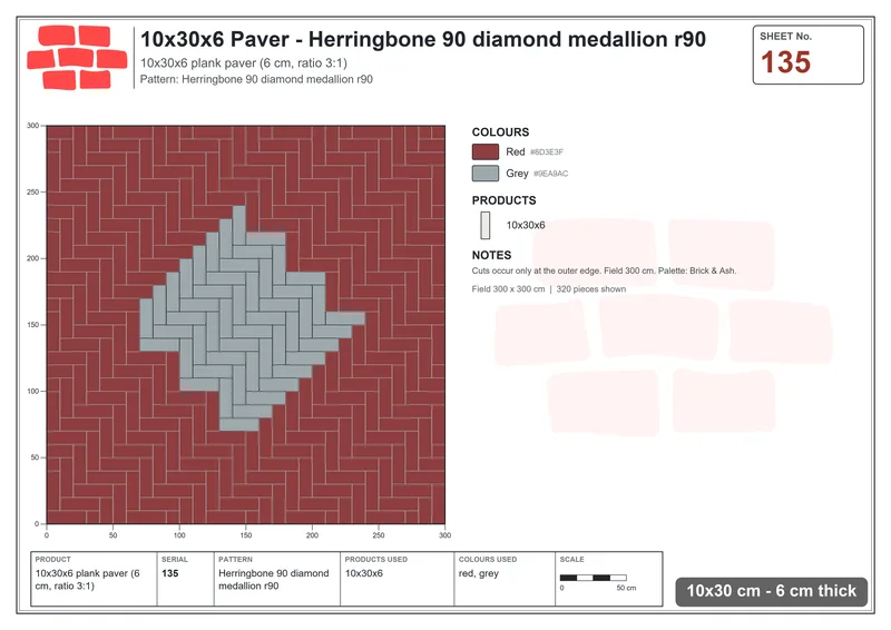 Interlock (Pasco) 10x30 cm · RC13-135 · Herringbone 90 diamond medallion r90 · Laying plan Interlock (Pasco) 10x30 cm · RC13-135 · Herringbone 90 diamond medallion r90 · Laying plan