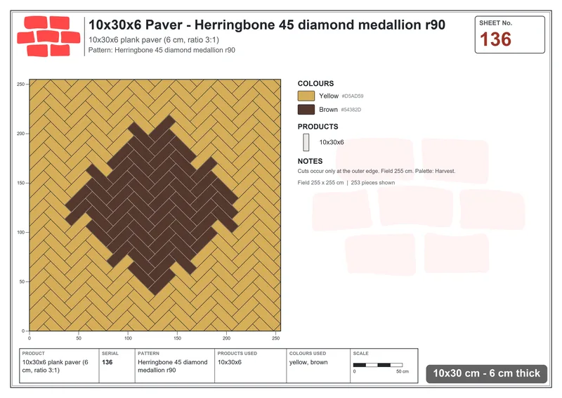 Interlock (Pasco) 10x30 cm · RC13-136 · Herringbone 45 diamond medallion r90 · Laying plan Interlock (Pasco) 10x30 cm · RC13-136 · Herringbone 45 diamond medallion r90 · Laying plan