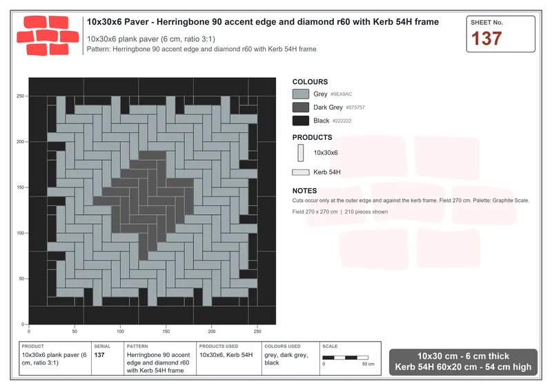 Interlock (Pasco) 10x30 cm · RC13-137 · Herringbone 90 accent edge and diamond r60 with Kerb 54H frame · Laying plan Interlock (Pasco) 10x30 cm · RC13-137 · Herringbone 90 accent edge and diamond r60 with Kerb 54H frame · Laying plan